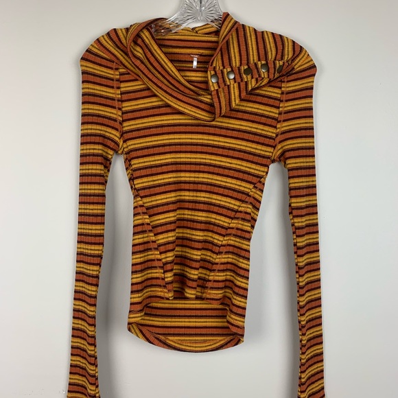 🔥FREE PEOPLE🔥CAPE COD COWL-NECK STRIPED THERMAL TOP BURNT ORANGE XS NWT - Picture 4 of 5